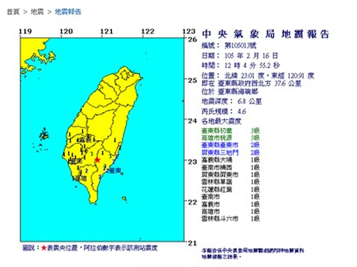 地震成因與板塊活動有關，屬正常能量釋放，民眾不用太過擔心。∕翻攝台灣中央氣象局