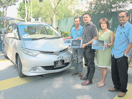 黎慶基（左）轎車車牌遭竊賊盜用潛入花園區幹案，幸竊賊行蹤被攝下，還車主清白；右起為陳仕邦、朱麗詩和黃思漢。