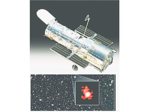 哈勃望遠鏡（上圖）發現迄今最遙遠星系GN-z11（下圖方框處），估計距離地球134億光年。（互聯網）