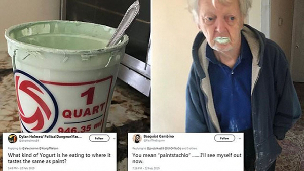 美国网友上传阿公误把油漆当优格吃的照片。