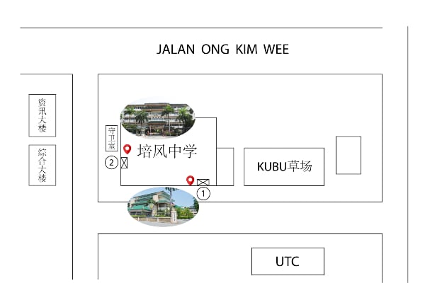 “1”和“2”为培风中学1号门及2号门，报到时段需从2号门入校，考试后从1号门或2号门离开校园。