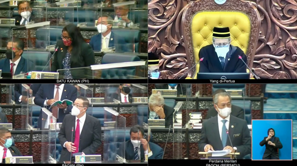 慕尤丁（右下）发言时，林冠英（左下）援引国会议会常规发言，但遭议长（右上）阻止，行动党峇都交湾区国会议员卡斯杜丽（左上）也提出抗议。