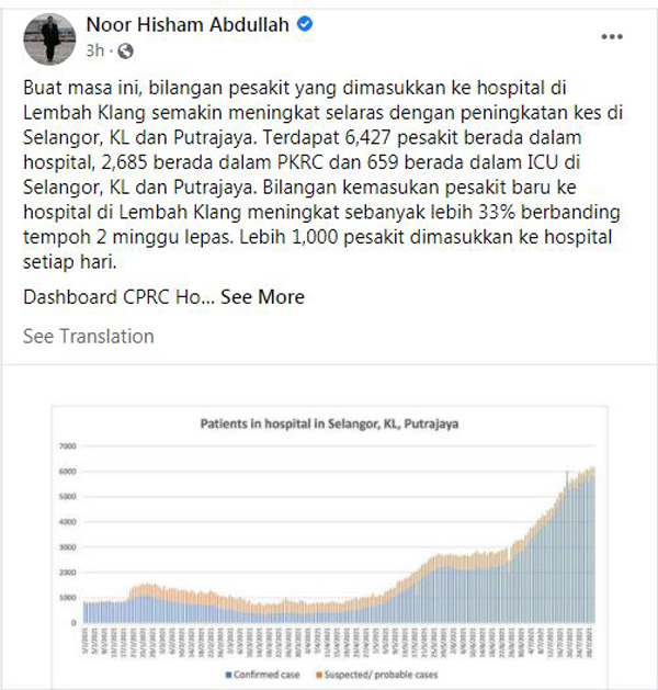 诺希山坦言，巴生谷地区每天有逾1000人入院。（截图取自诺希山面子书）