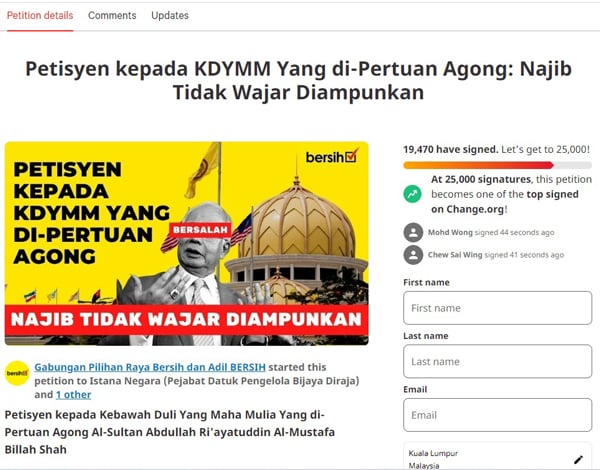 BERSIH,Change.org,Najib,deny royal pardon