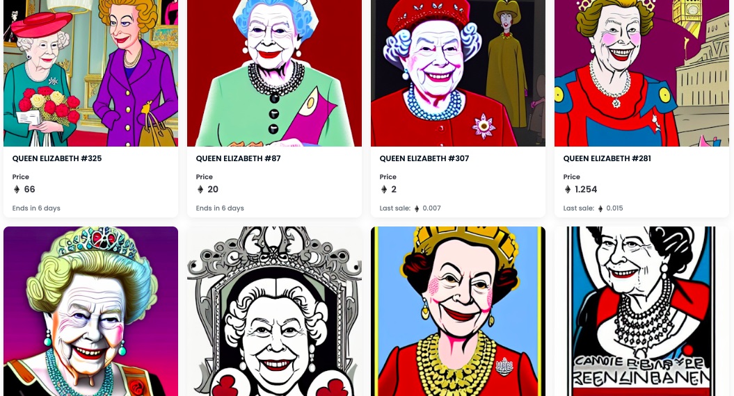 在英女王逝世后不到一小时，在NFT交易平台OpenSea上，一个名为“RIP The Queen Official”收藏家就推出8000件数码艺术品。