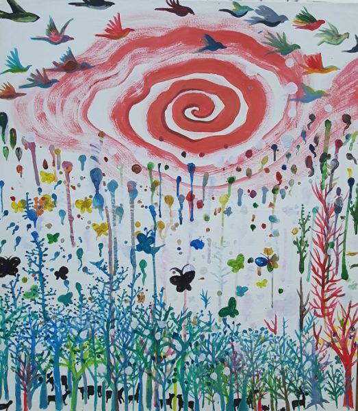 《云朵下》是叶逢仪老师与画室的孩子，共同绘画云朵下的树林。