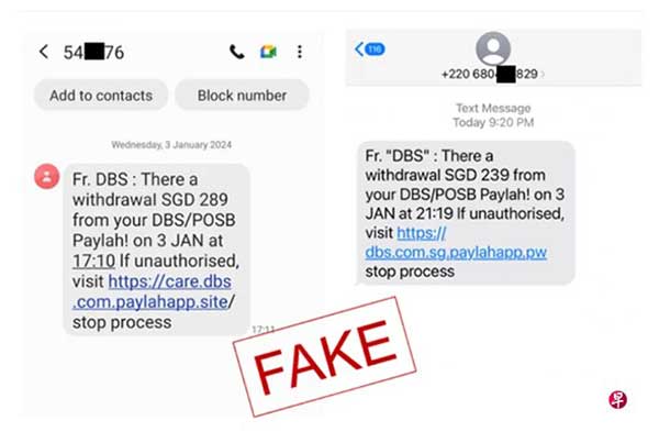 新加坡警方指出，骗子近期冒充星展银行，向受害者发出钓鱼短信，骗取他们的网上银行资料和一次性密码（OTP）。