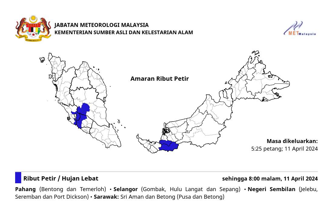 彭亨、雪兰莪、森美兰和砂拉越部分地区预计迎来雷雨，直至晚上8时。