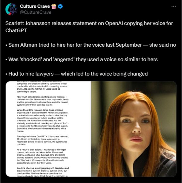 施嘉莉祖安逊发表声明称OpenAI故意为其新的ChatGPT 4o聊天机器人使用了一个与她“惊人地相似”的声音。