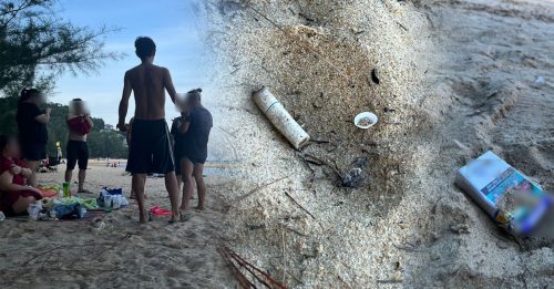 一群男女海边吞云吐雾 烟蒂 烟盒弃沙滩