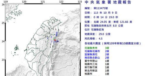 凌晨00时14分 花莲近海4.5级地震