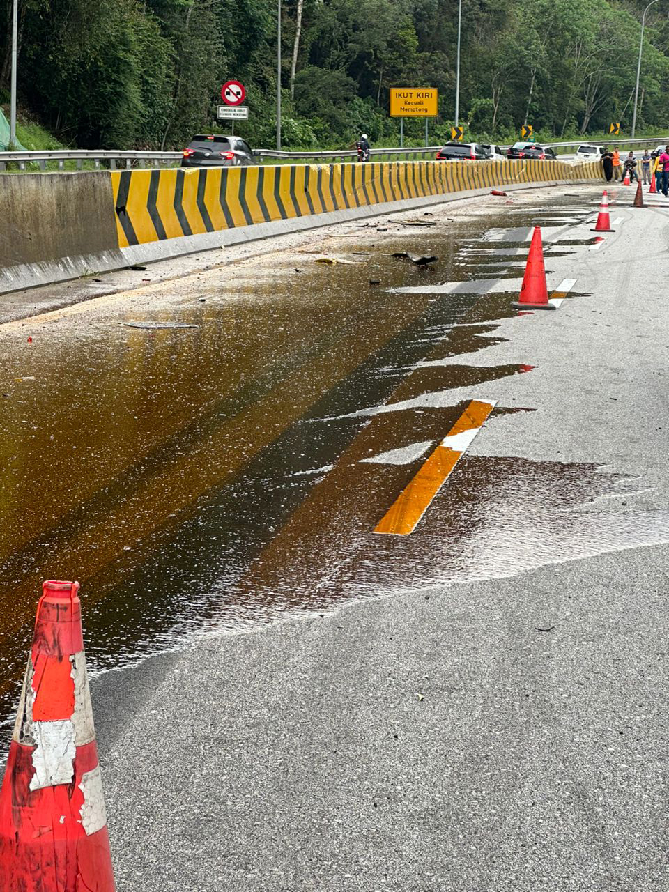 罗厘翻覆路中央起火 加叻大道大塞车