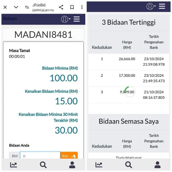 网民分享竞标“MADANI 8481”最高的3个价格。（截图取自面子书专页“JPJ eBID INFO OFFICIAL”）
