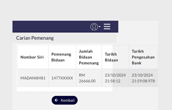 “MADANI 8481”相信已被人以2万6666令吉标下。（截图取自面子书专页“JPJ eBID INFO OFFICIAL”）