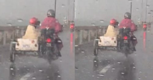 姐妹花 风雨同行 冒雨共骑摩哆回家