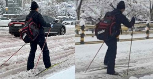 暴雪交通大乱 他干脆滑雪上班