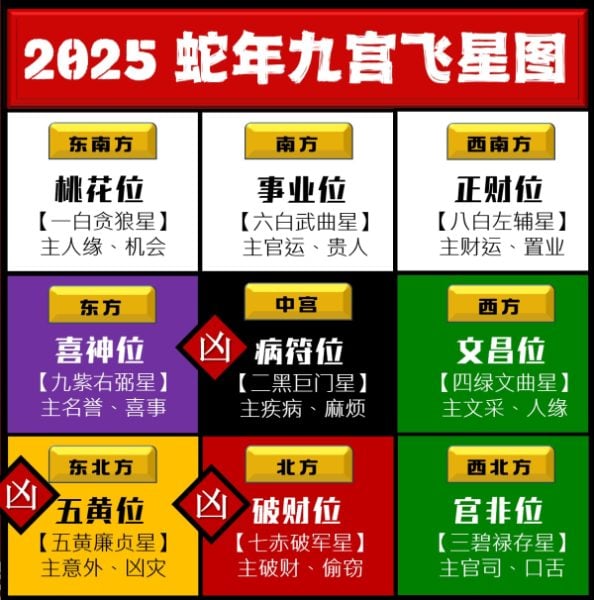 2025九宫飞星图：风水学中的“流年飞星”会影响到不同方位的吉凶，根据飞星的方位变化，调整家居或办公室的布局，可以避开不利方位，增强吉利方位，从而提升运势！
　乐老师指出，调整风水时，必须牢记“先化解后催旺”的原则。化解相当于将凶星带来的杀伤力降到最低，只有在确保安全和平安的基础上，才能大胆追求成功。